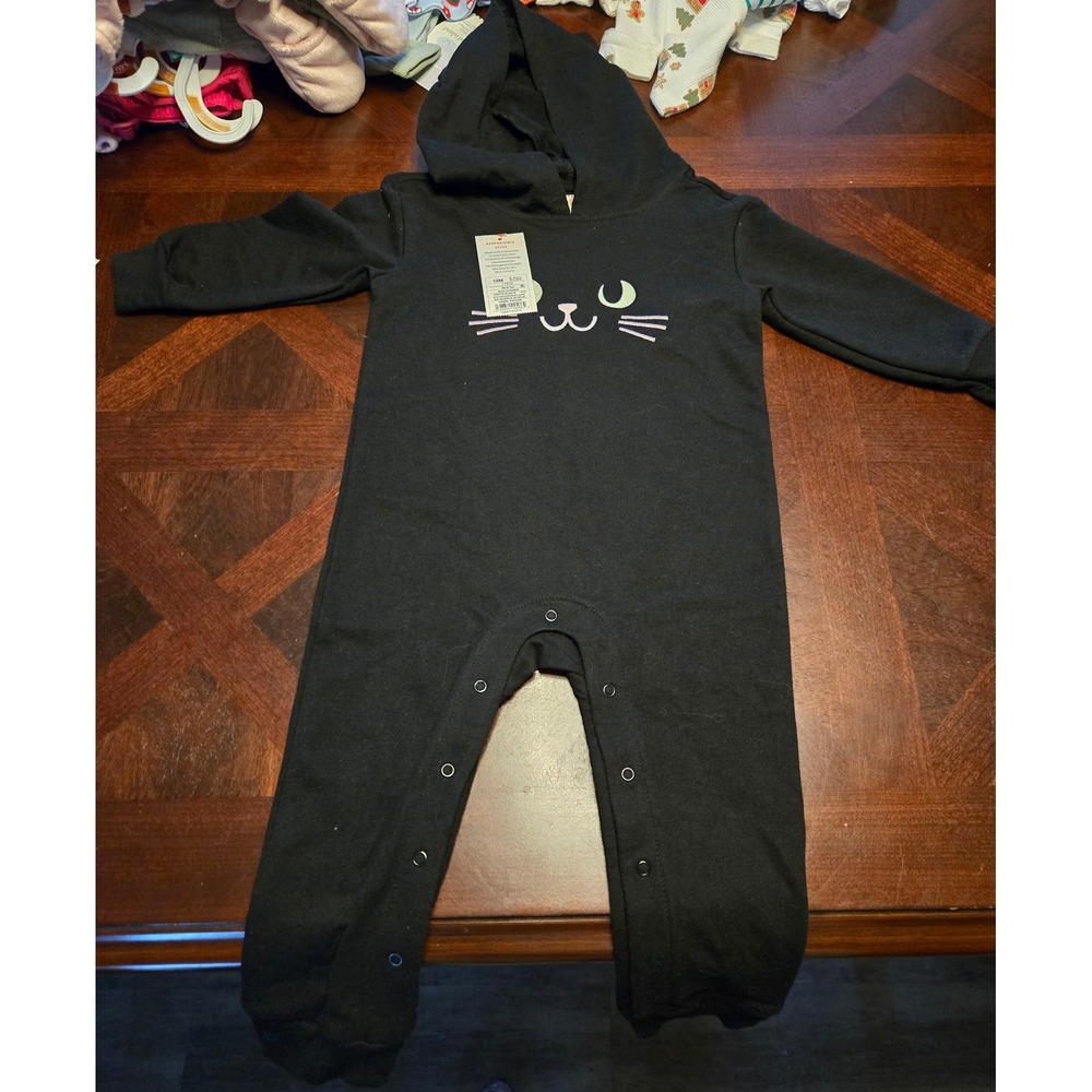 Cat & Jack Baby Black Cat Hooded Jumpsuit 18M Embroidered Ears Snaps 6269KM